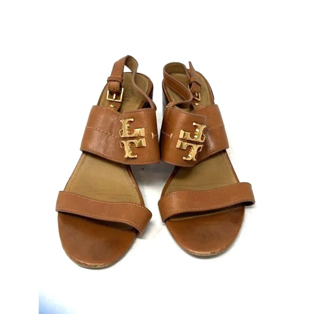 Tory Burch Tan Leather Everly Block Heel Slingback Sandals Size 7.5 Gold Logo